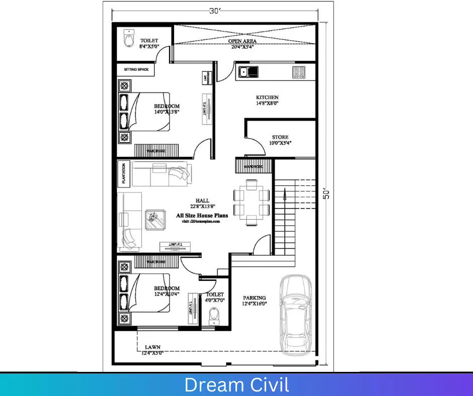 30x50 House Plan in Feet With Sample Image
